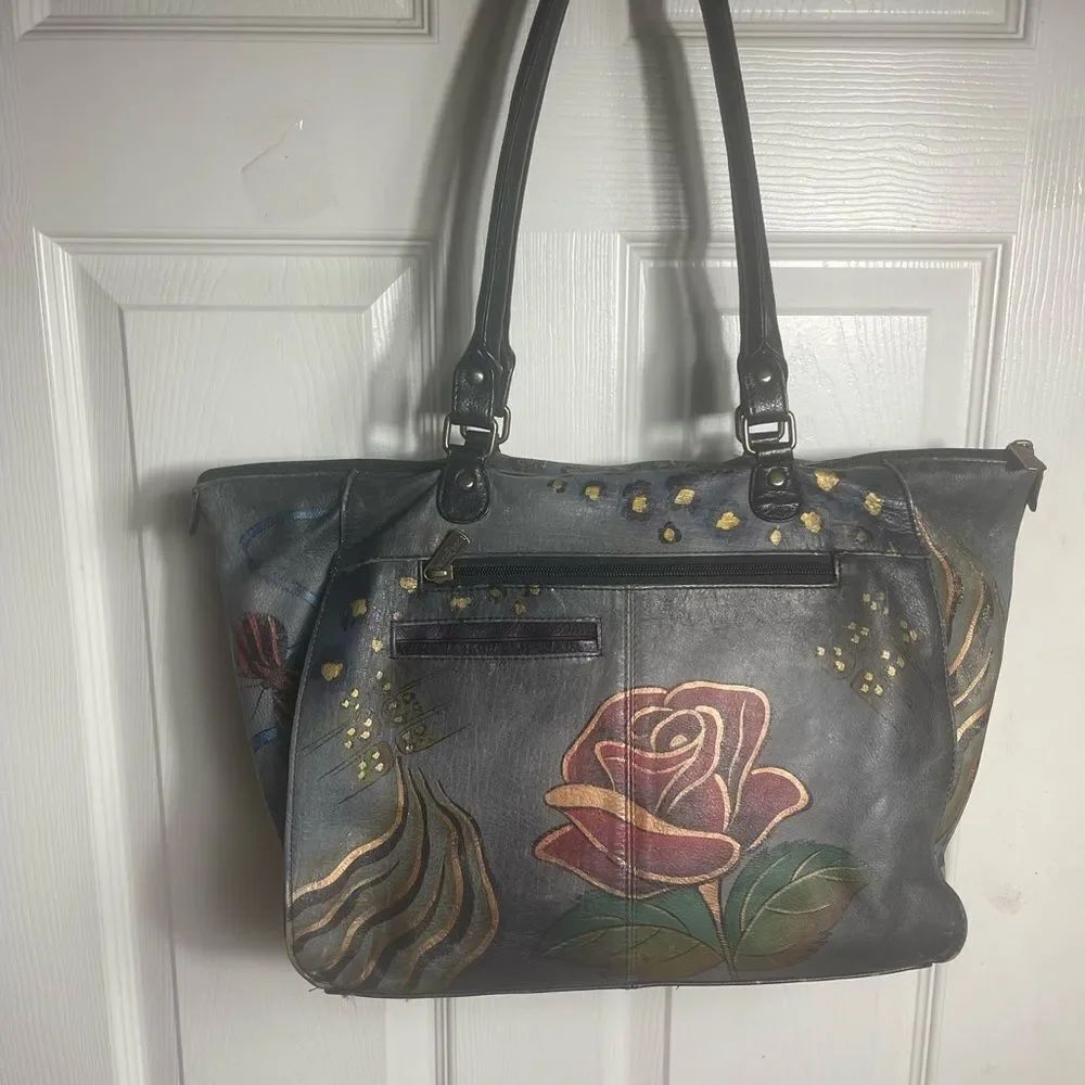 Hand-Painted Floral Leather Tote Bag - Gray